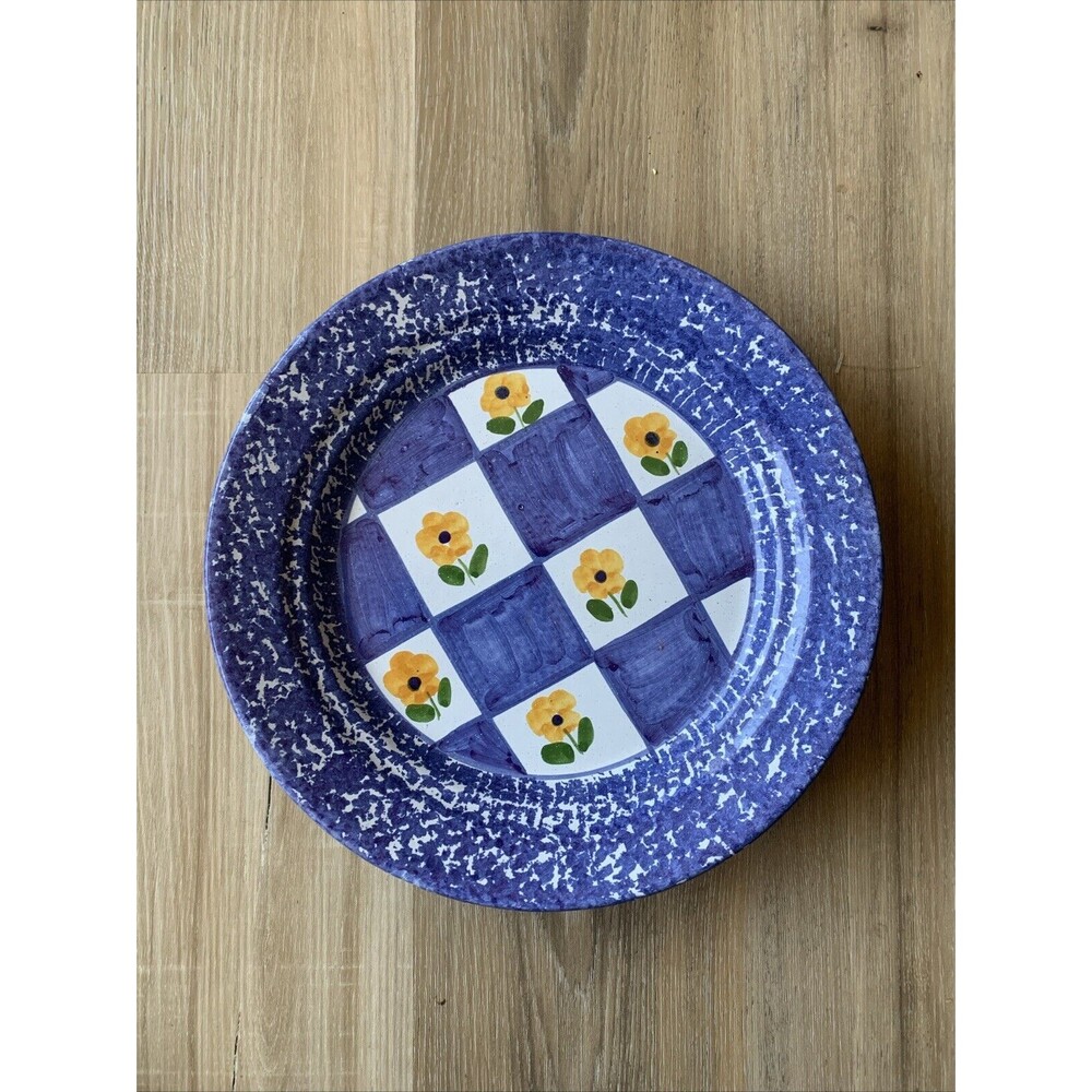 Two (2) HIMARK Spongeware Bowl Blue Yellow Flowers Dinner PlatesMade in Portugal